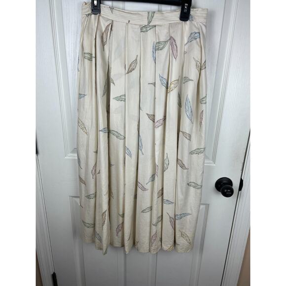 80s Liz Claiborne Size 14 Rayon Midi Pleated Pastel Feather Cream Stripe Skirt - Picture 10 of 10